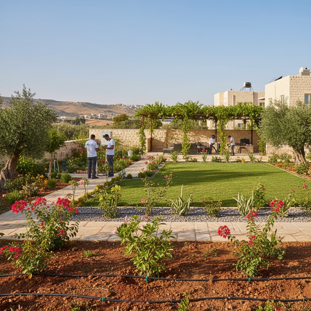 Two workers in white shirts stand in a landscaped garden with a green lawn, stone pathways, and a vine-covered pergola.